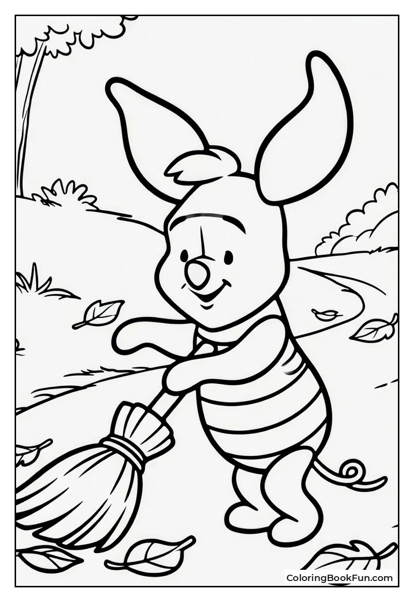 Piglet Sweeping Colorful Fall Leaves