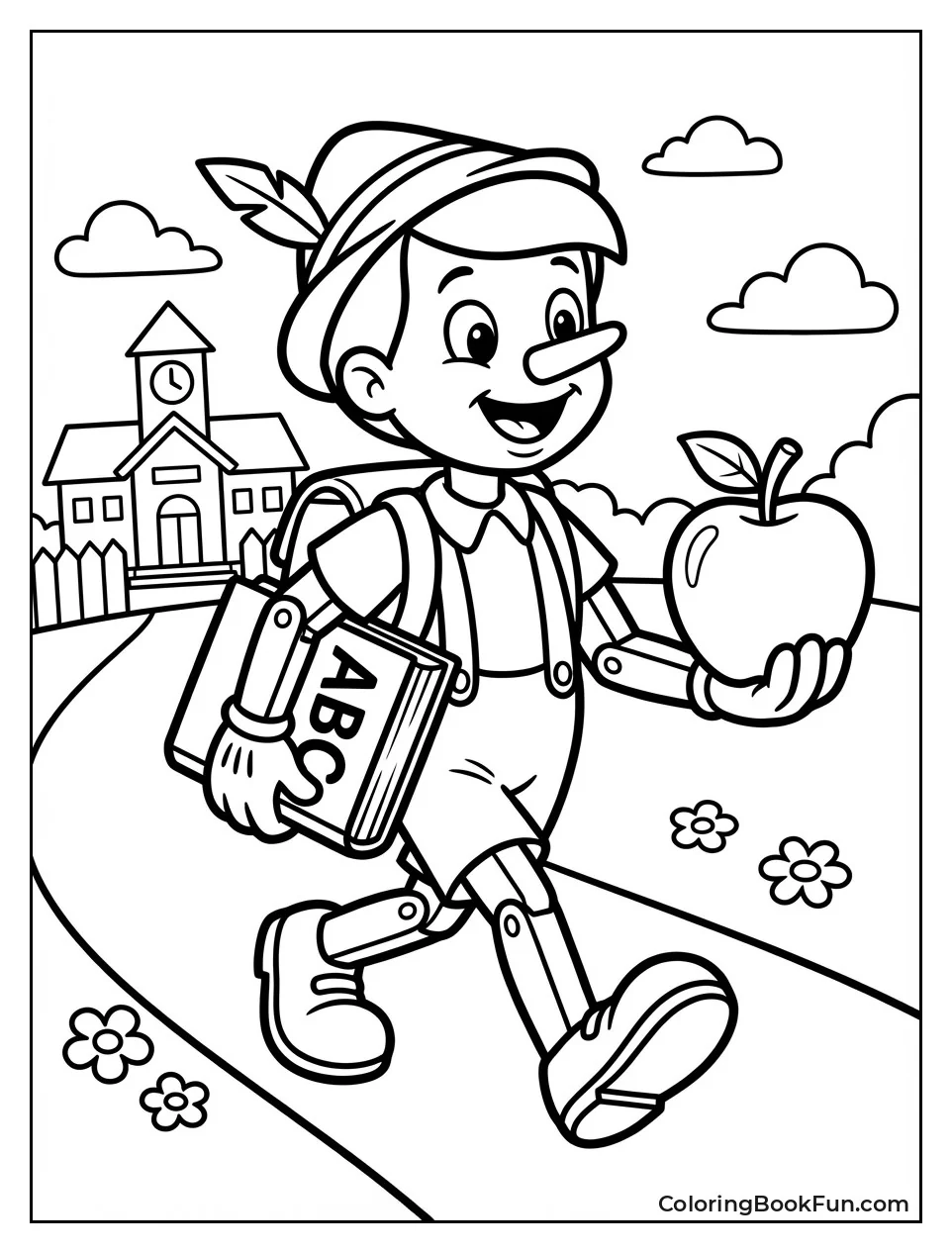 Pinocchio Carries Book to School