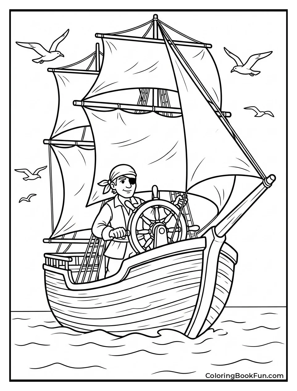 Pirate Steers Ship with Full Sails