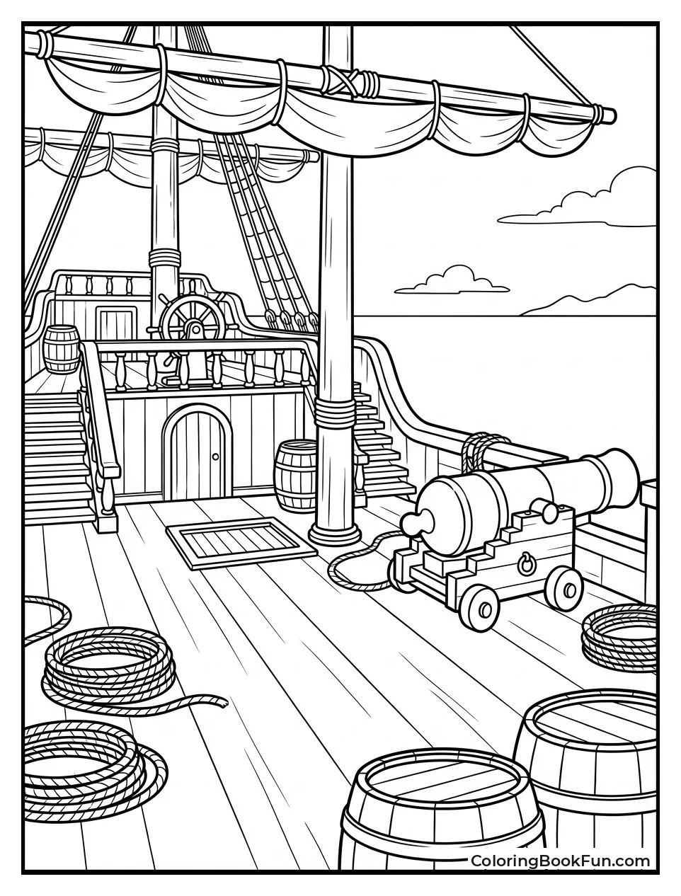 Detailed Ship Deck with Barrels Ropes