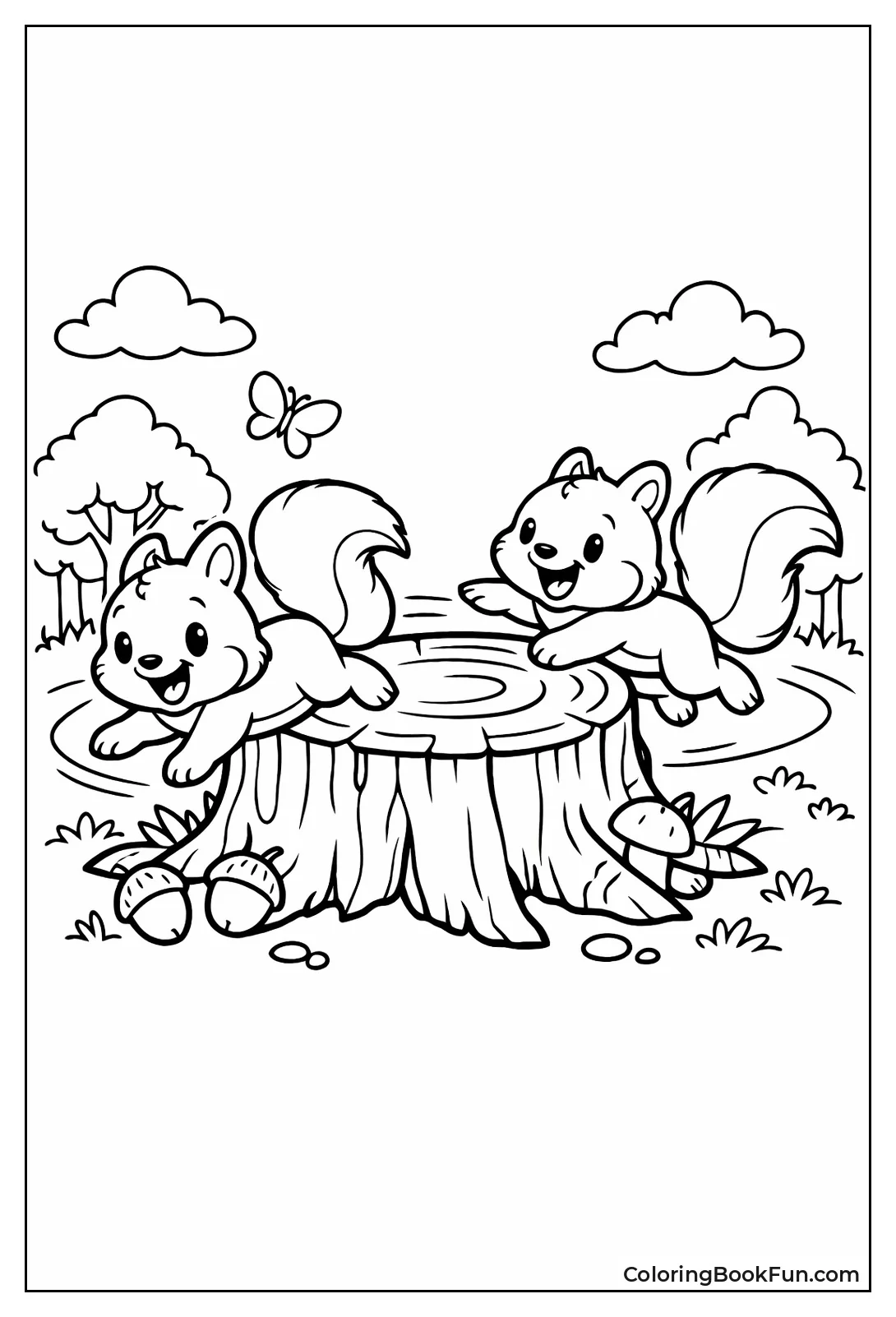 Playful Squirrels Chasing Stump