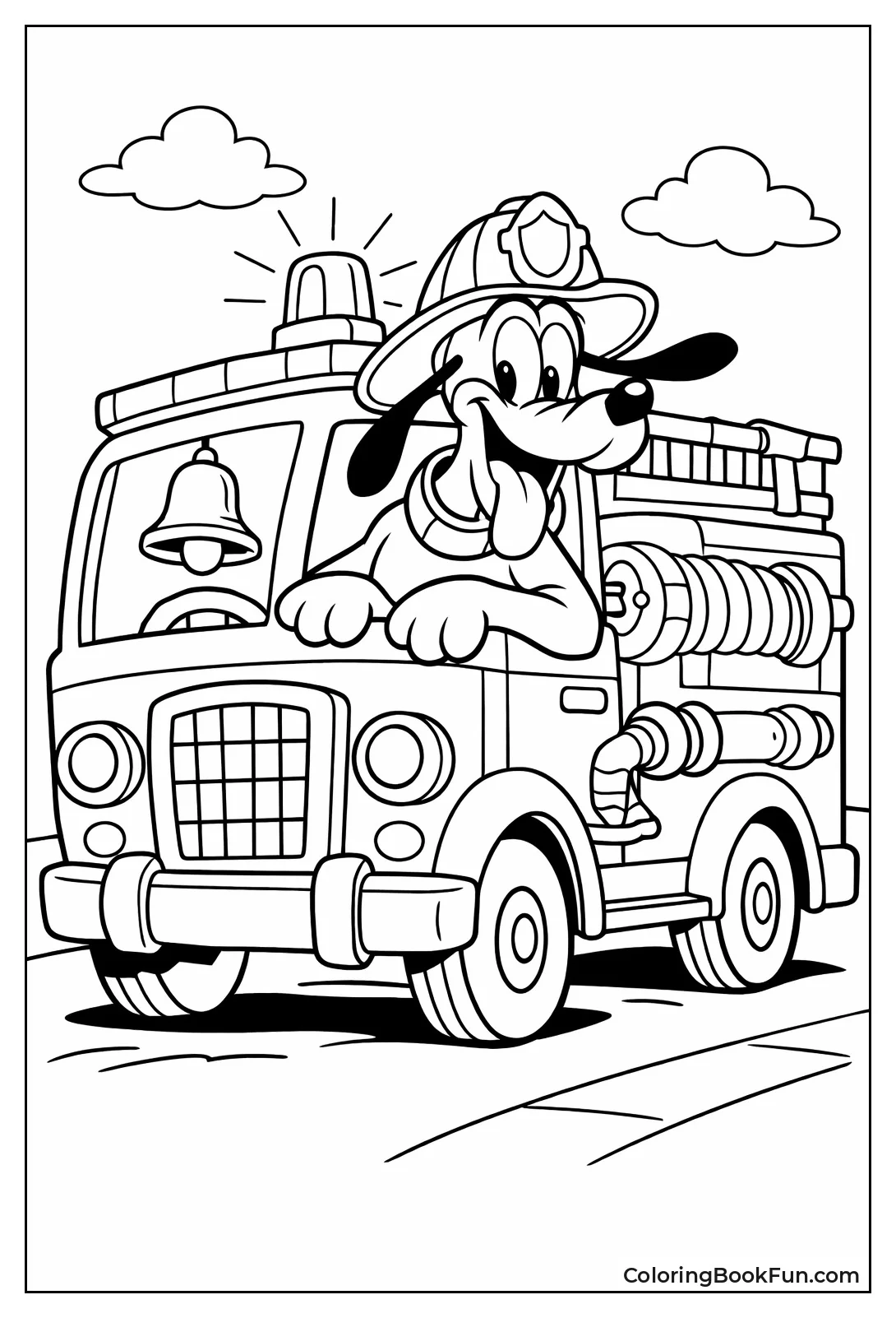Fireman Pluto Rides Red Fire Truck