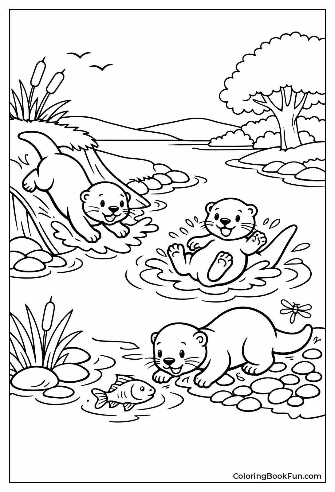 Otters Play by River