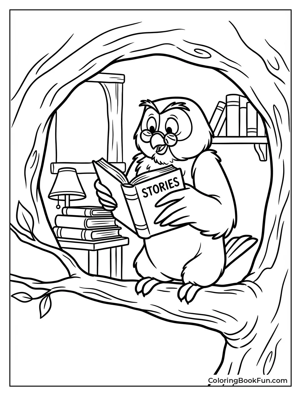 Owl Reads Book with Glasses