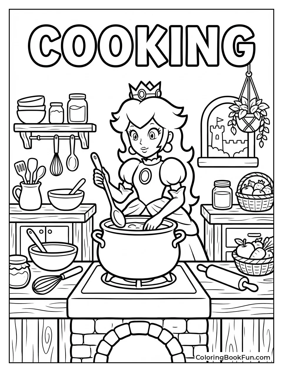 Peach Cooks in Castle Kitchen