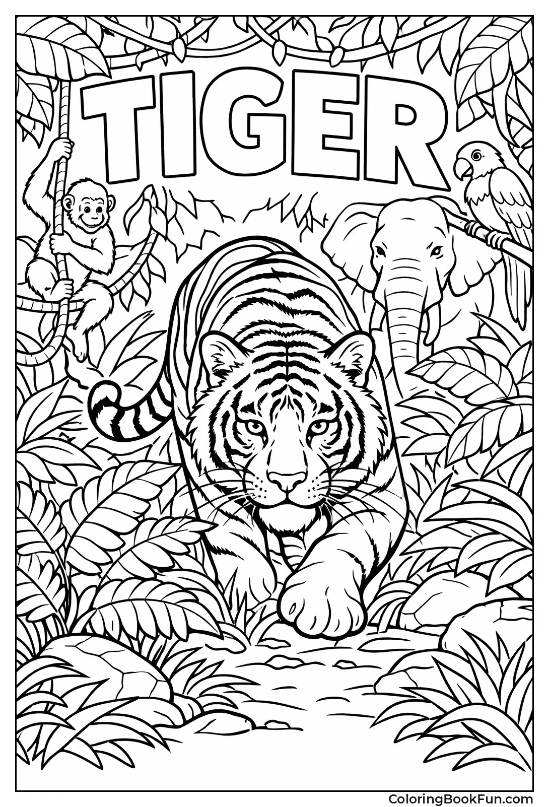 Tiger Prowls through Jungle Ferns