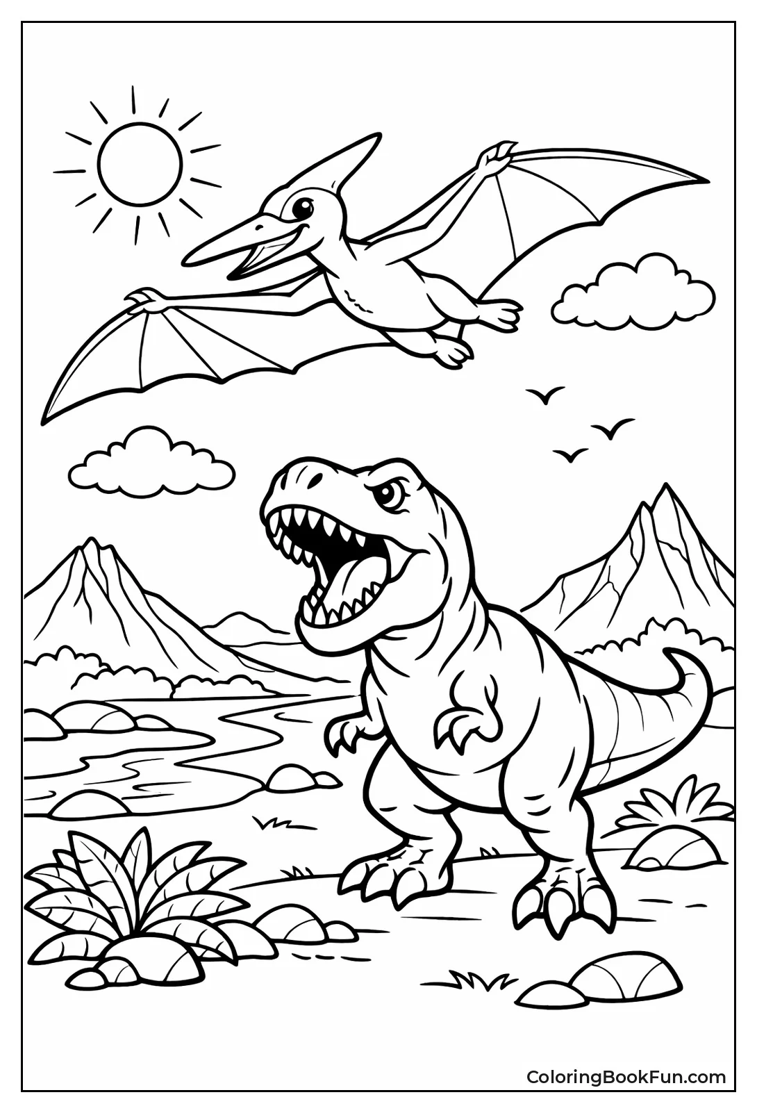 Pterodactyl above Roaring T-Rex