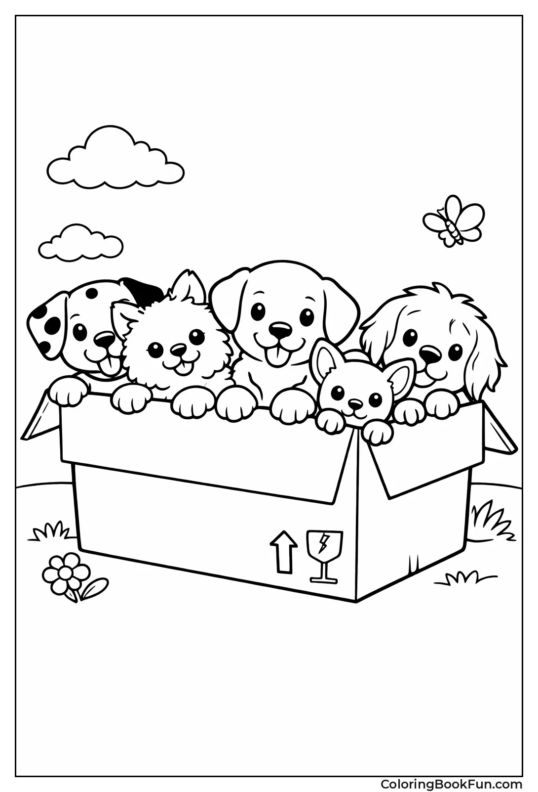 Puppies Peeking from Cardboard Box