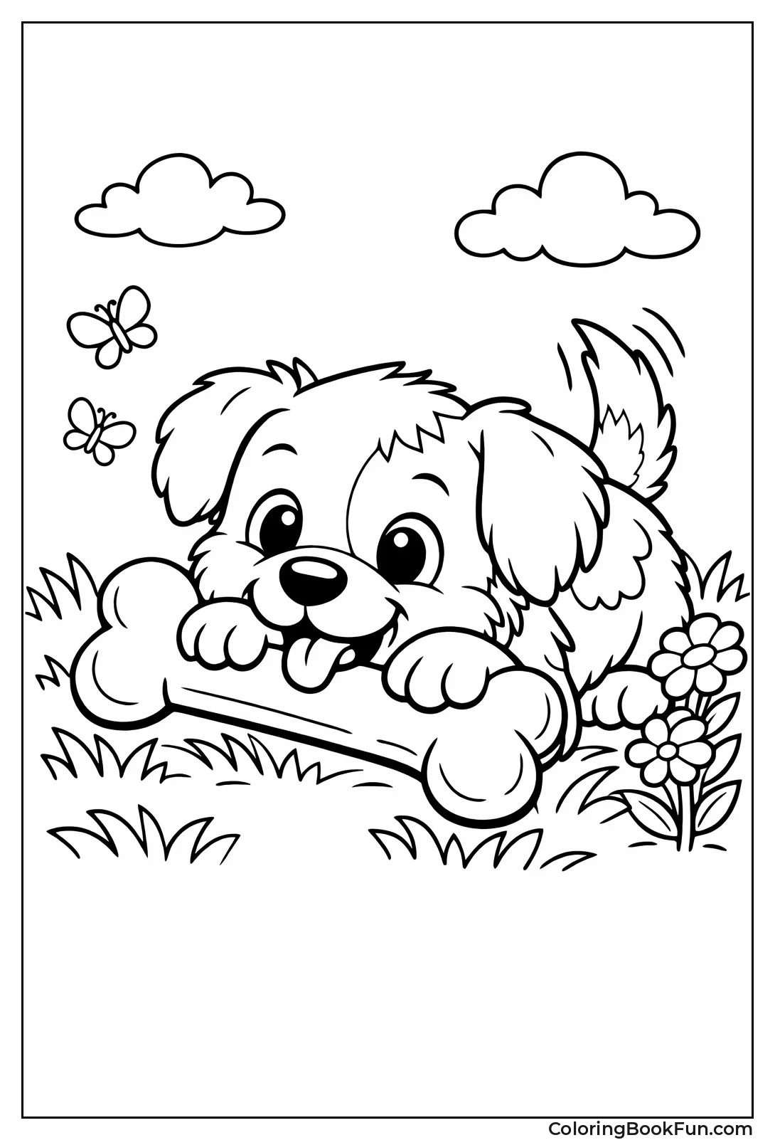 Puppy Chewing Bone in Grass