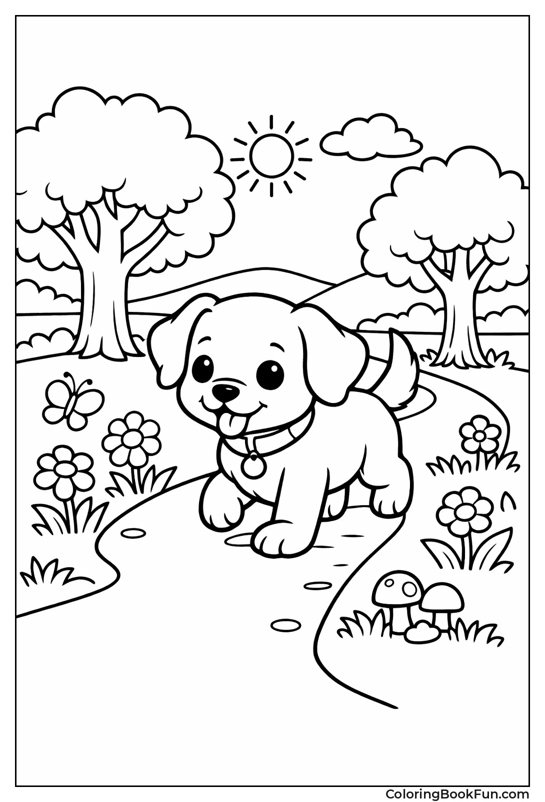 Puppy Exploring Park with Trees