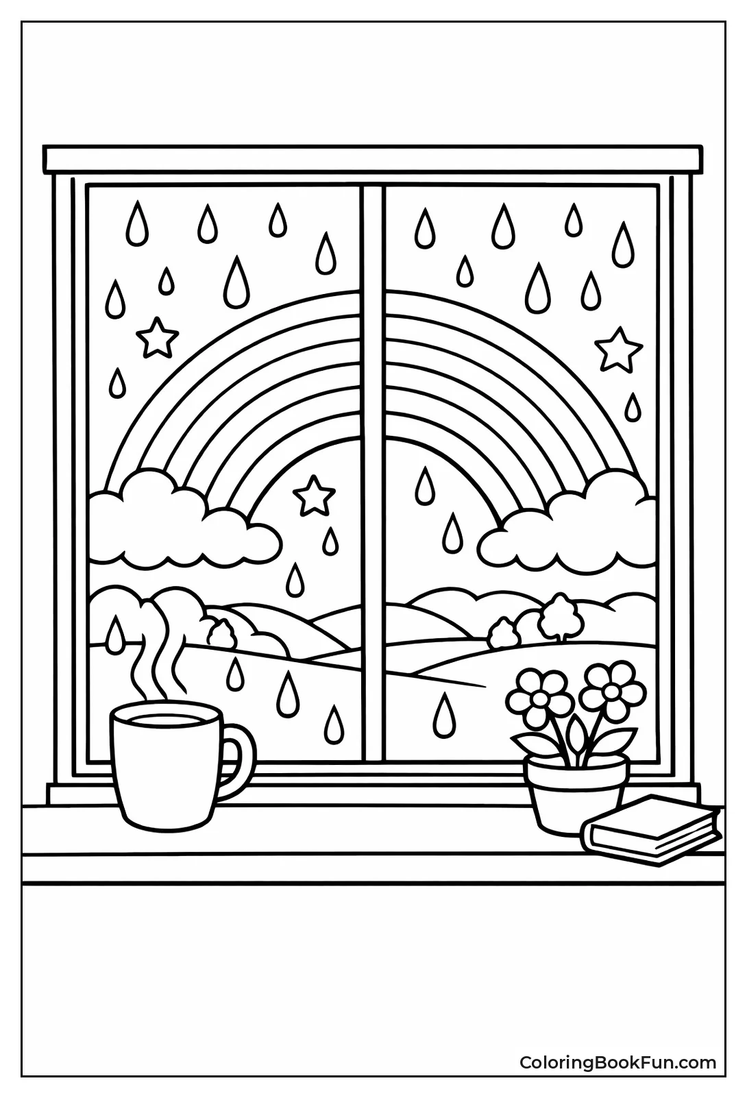 Rainy Window Shows Distant Rainbow