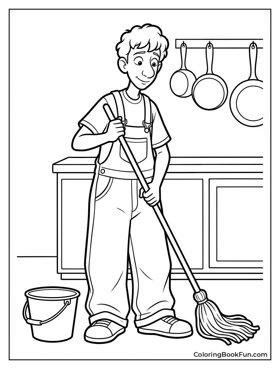 Linguini Holds Mop and Bucket