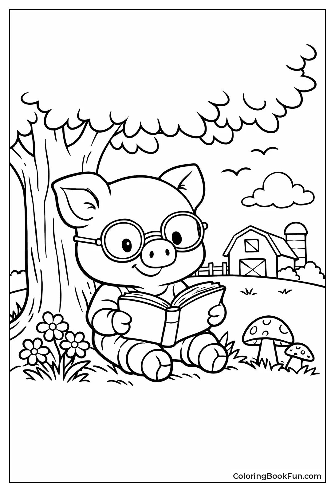 Pig Reading Book with Glasses