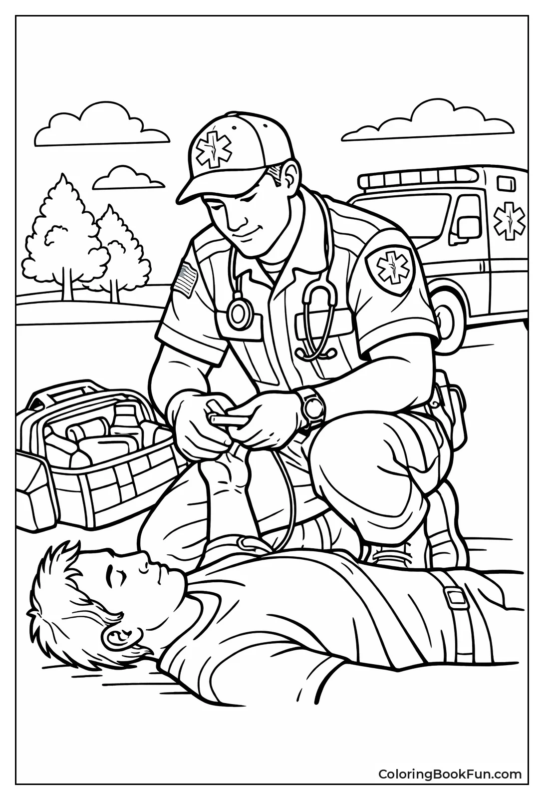 Male Paramedic Kneels to Help