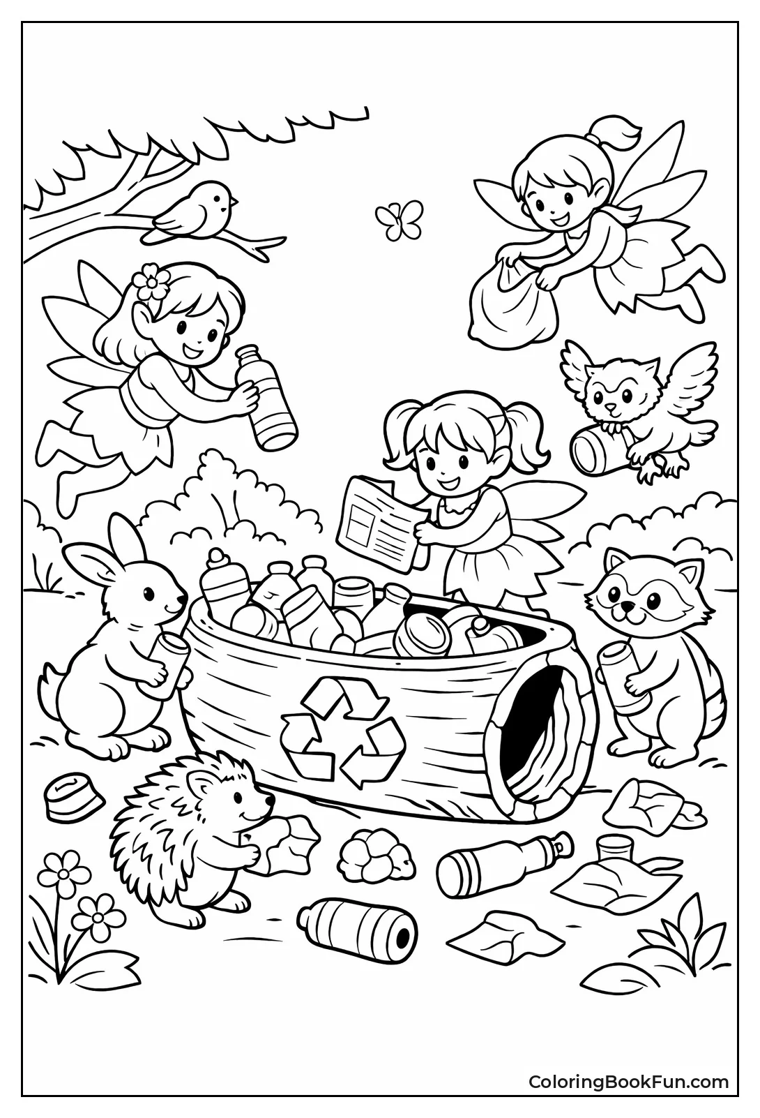 Fairies Cleaning Forest with Log Bin