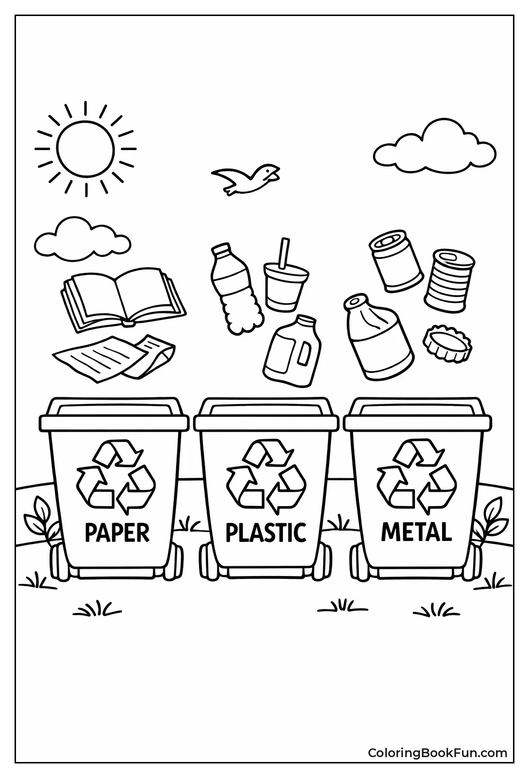 Three Bins Sorting Paper Plastic Metal