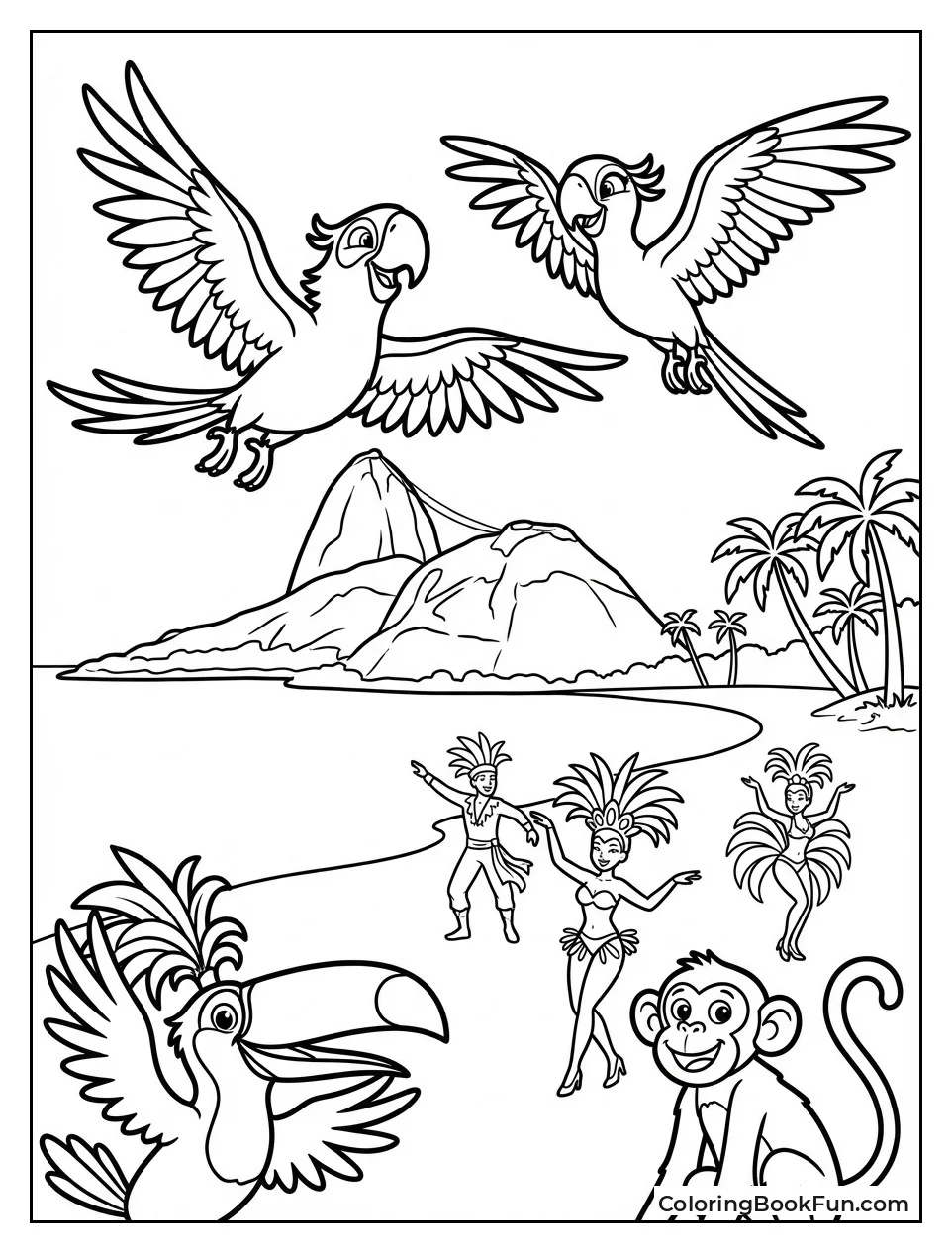 Blu and Jewel Flying over Beach