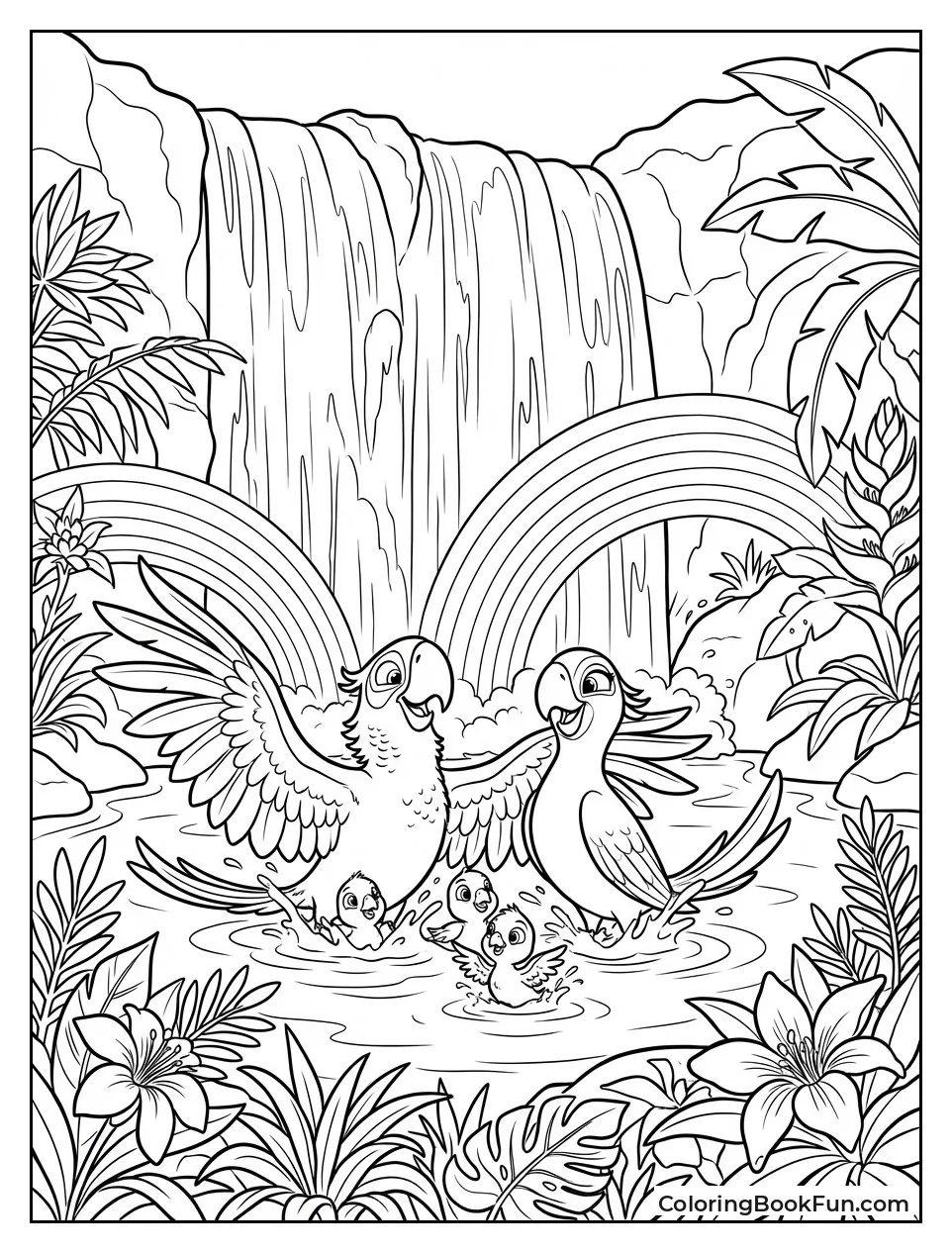 Macaws Splash in Waterfall