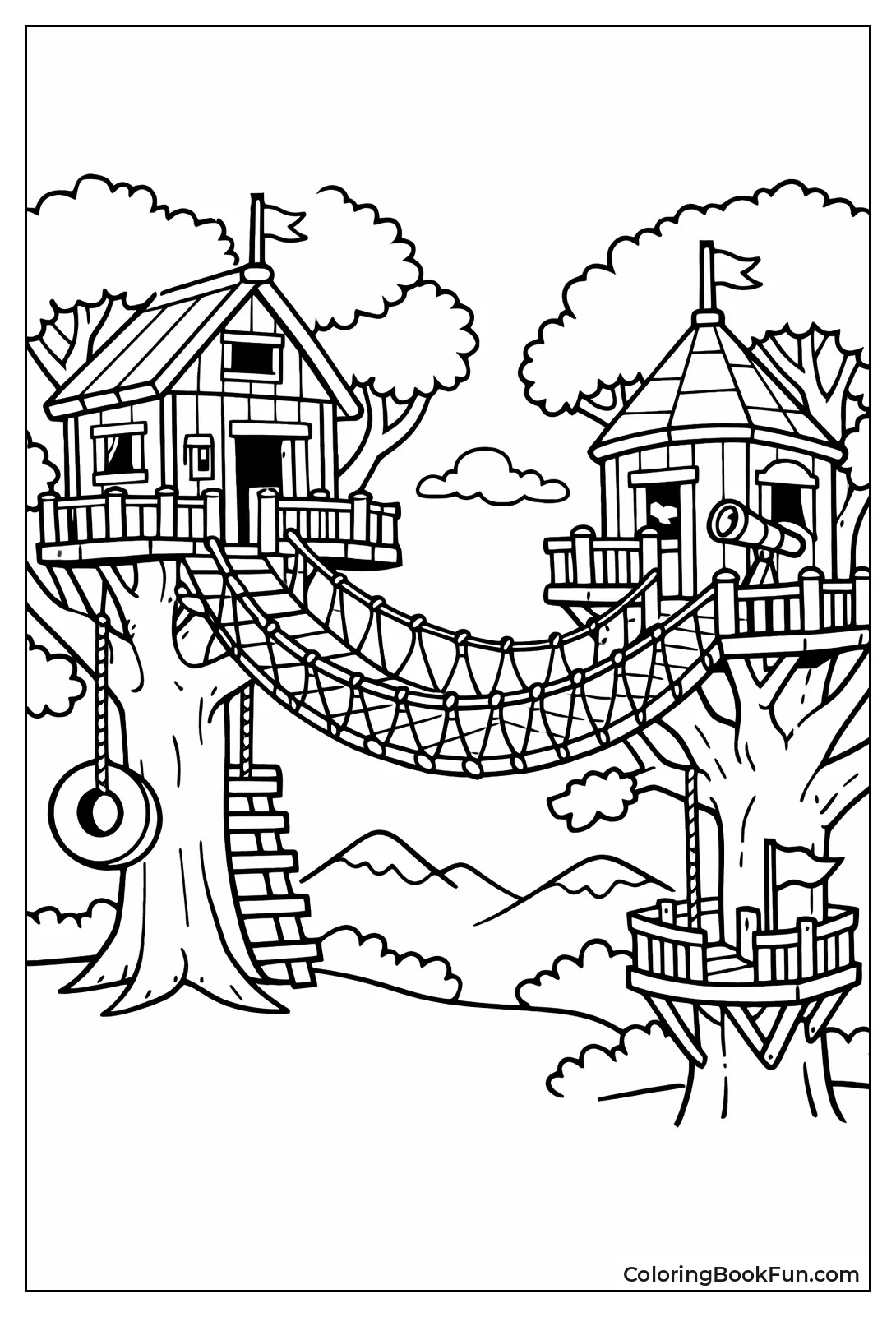 Treehouse with Swaying Rope Bridge