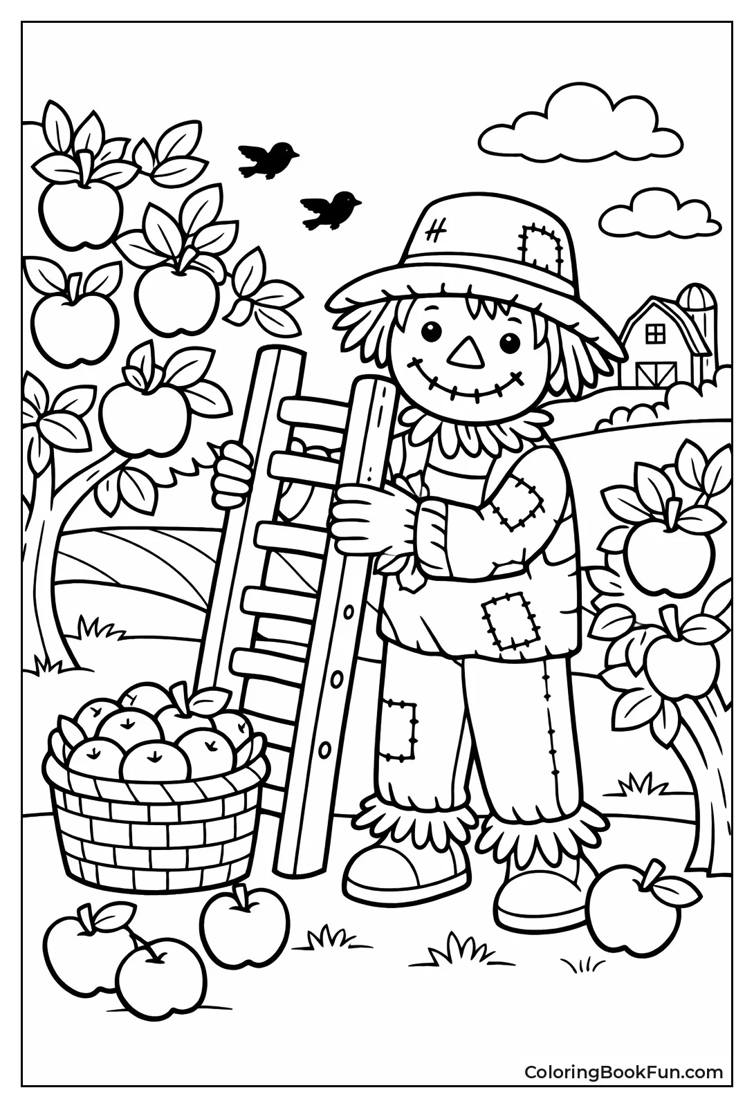 Scarecrow Holds Ladder in Orchard