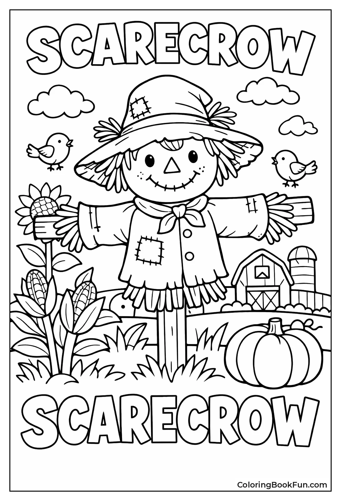 Cheerful Scarecrow Wears Straw Hat