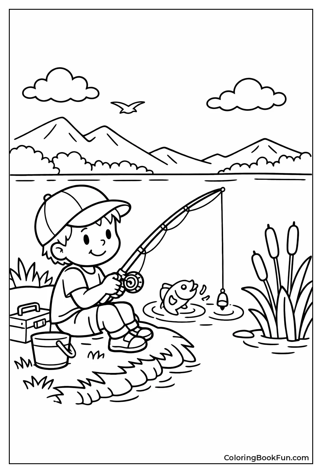 Child Fishes Grassy Shore