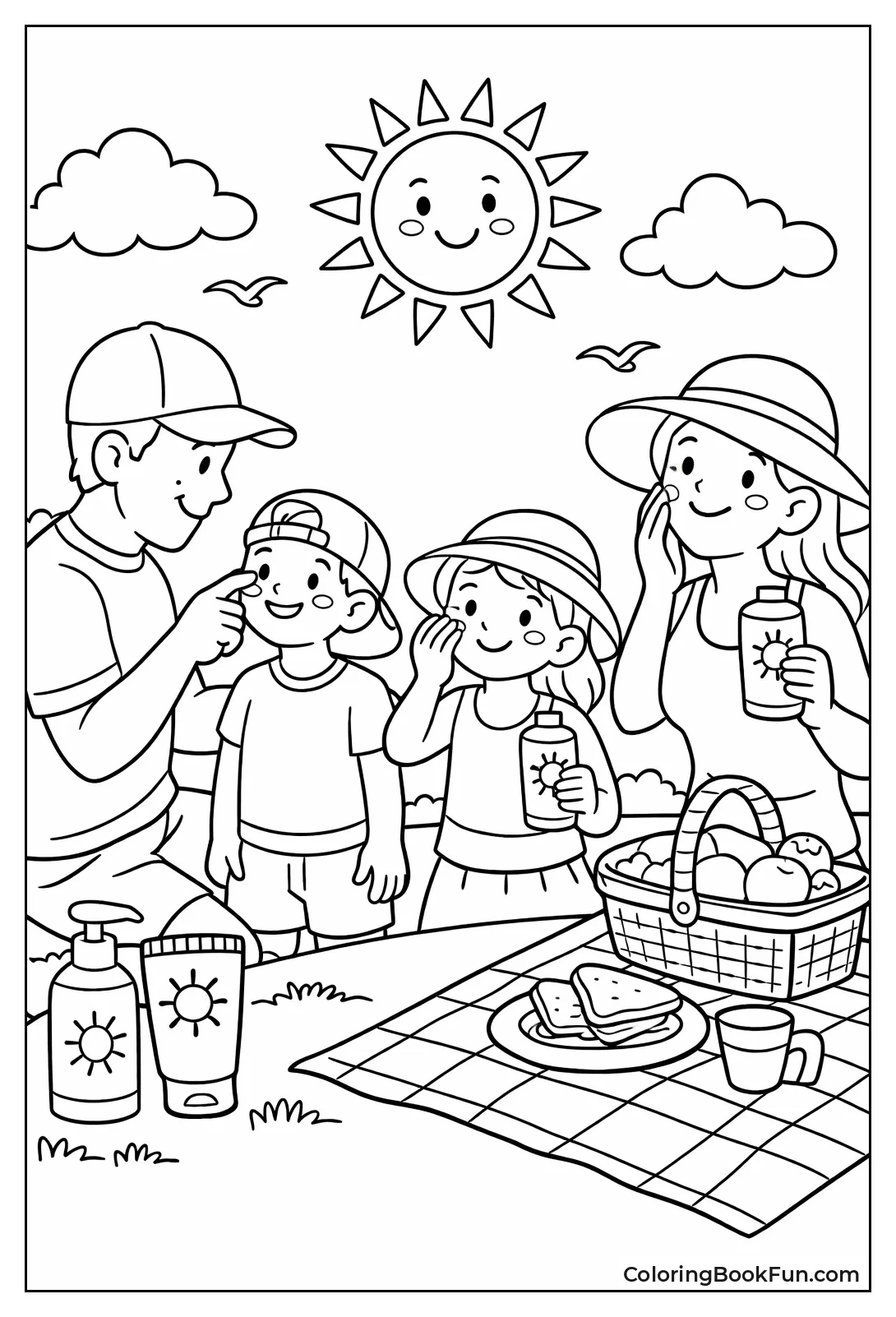 Family Applying Sunscreen at Picnic