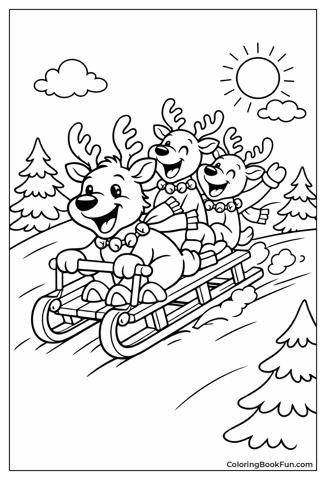 Reindeer Sleds Down Snowy Hill