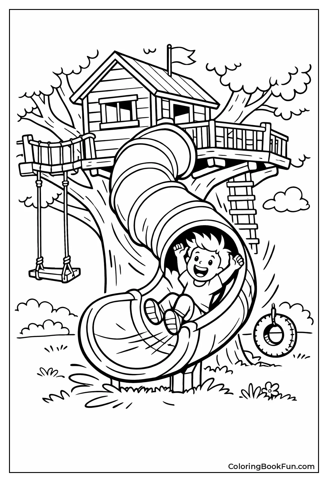 Kid Sliding Down Treehouse