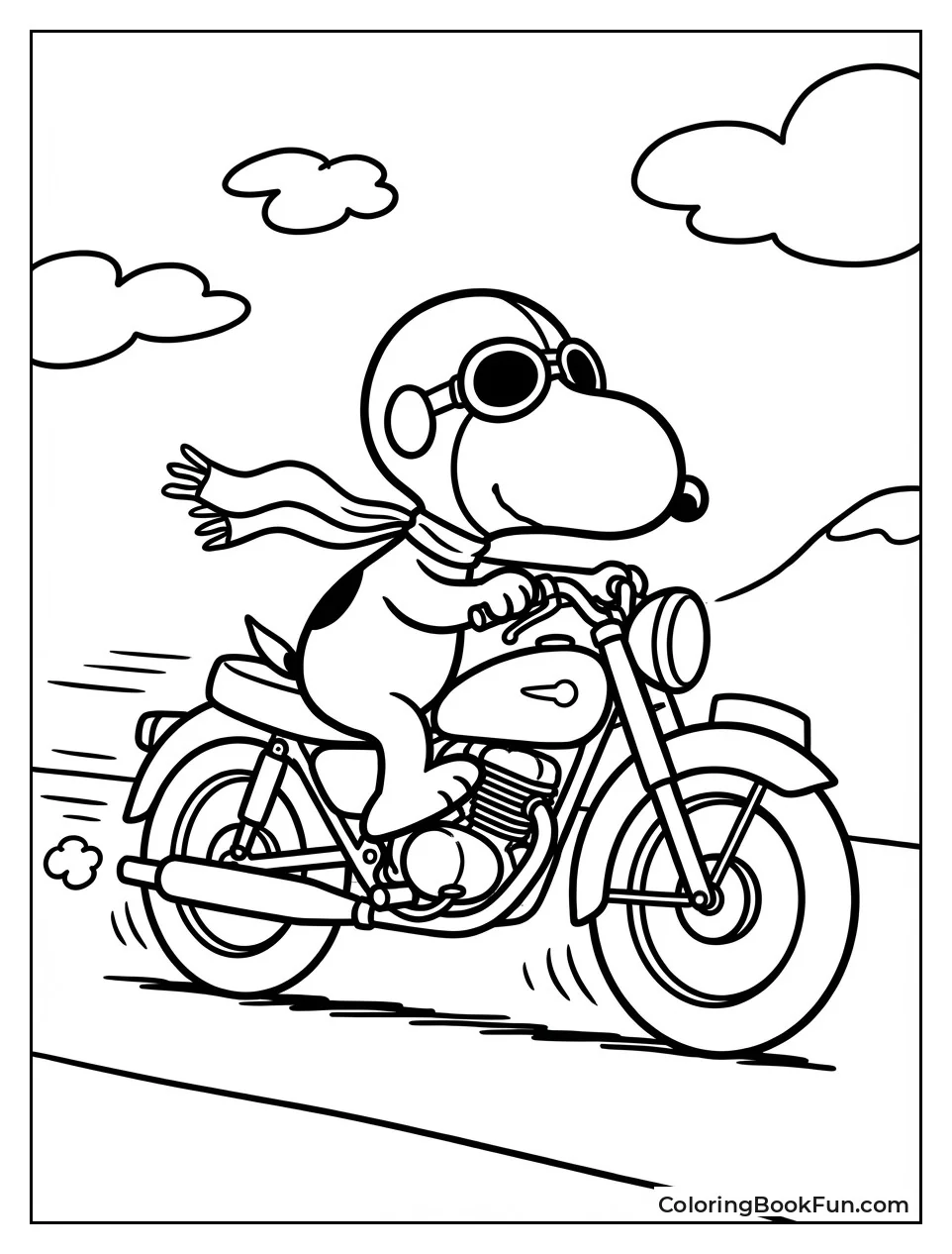 Snoopy Speeds on Motorcycle