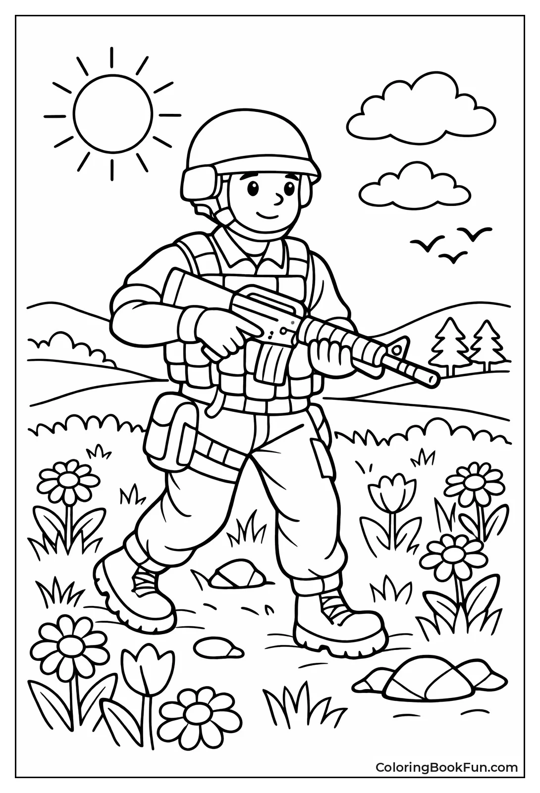 Soldier Patrols Flower Field