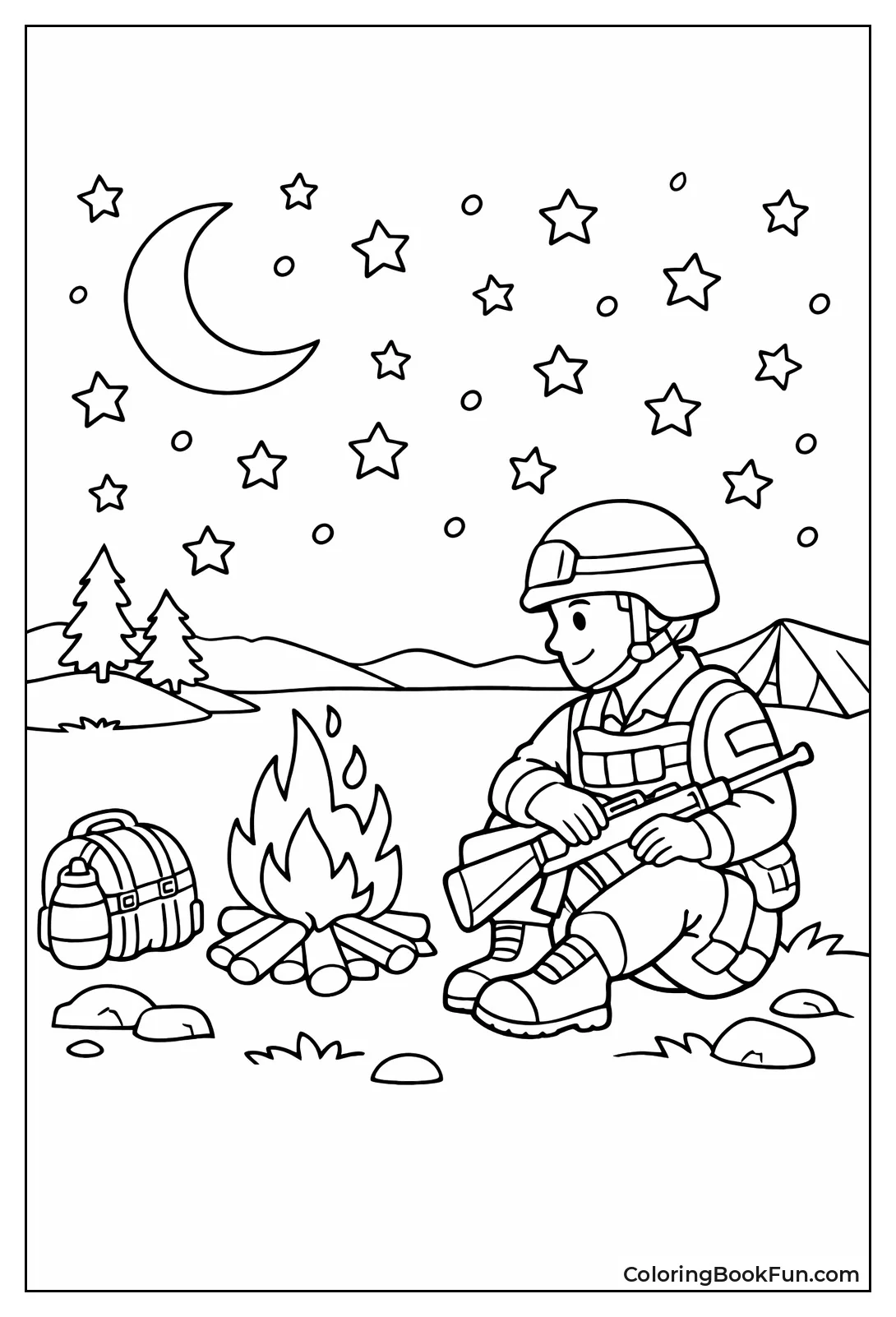 Soldier Sits by Campfire