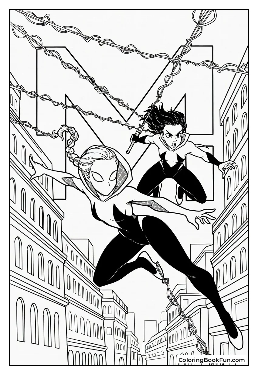Pavitr and Gwen Swinging Through Streets