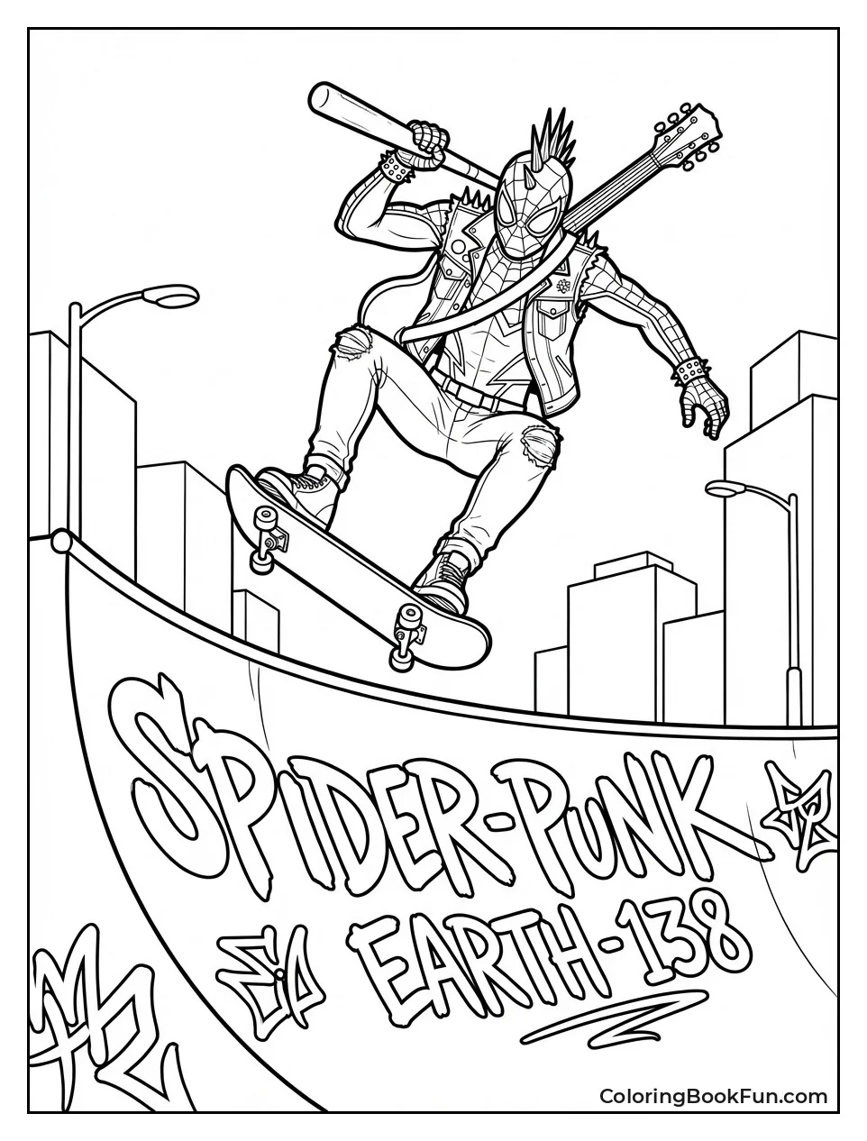 Spider-Punk Skateboards Down Ramp