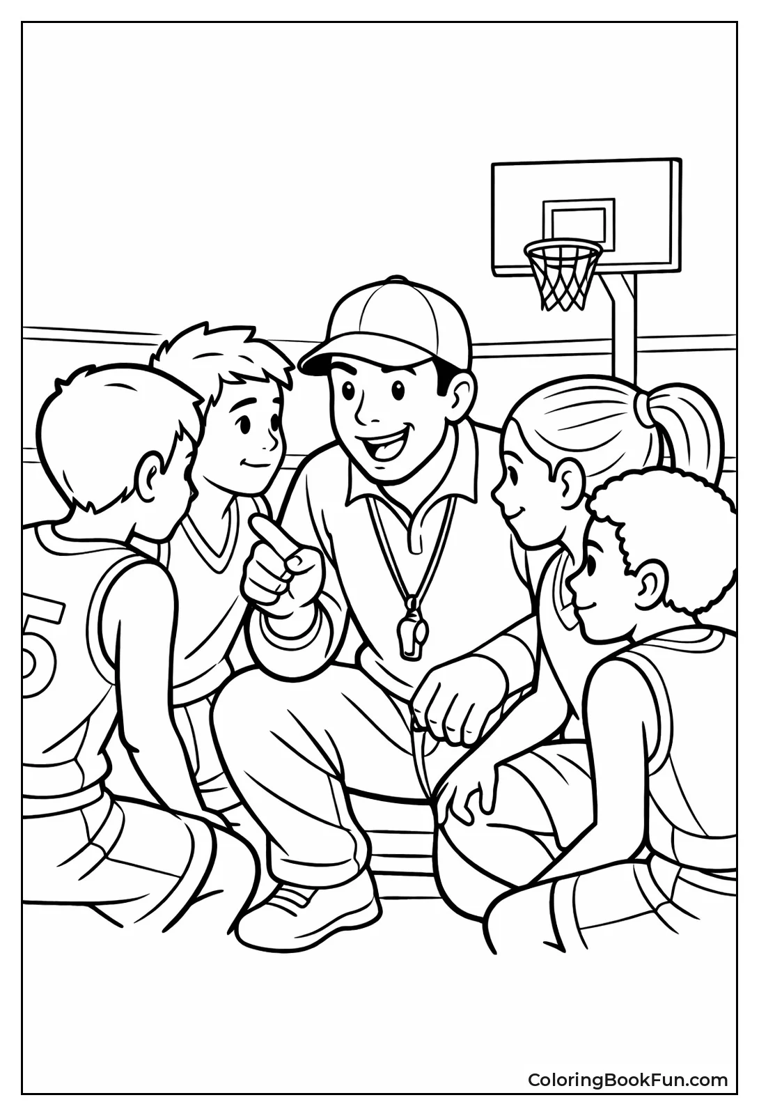 Basketball Team Huddles with Coach