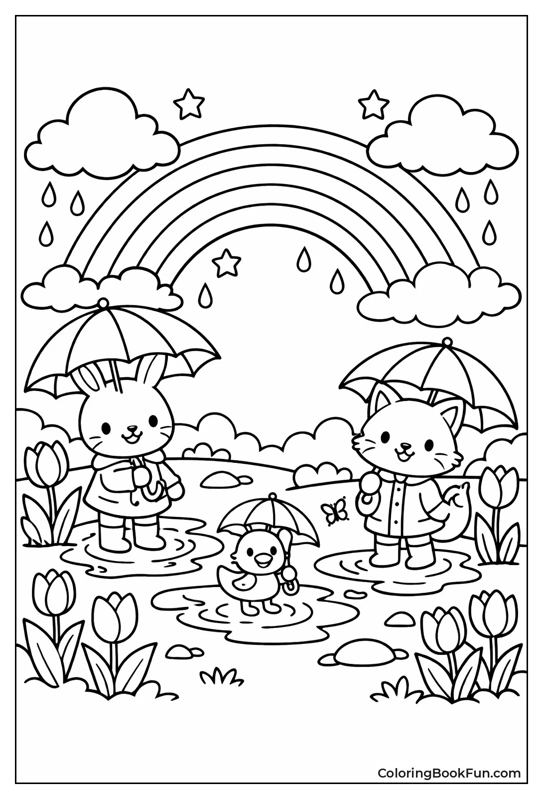 Animals Hold Umbrellas under Rainbow