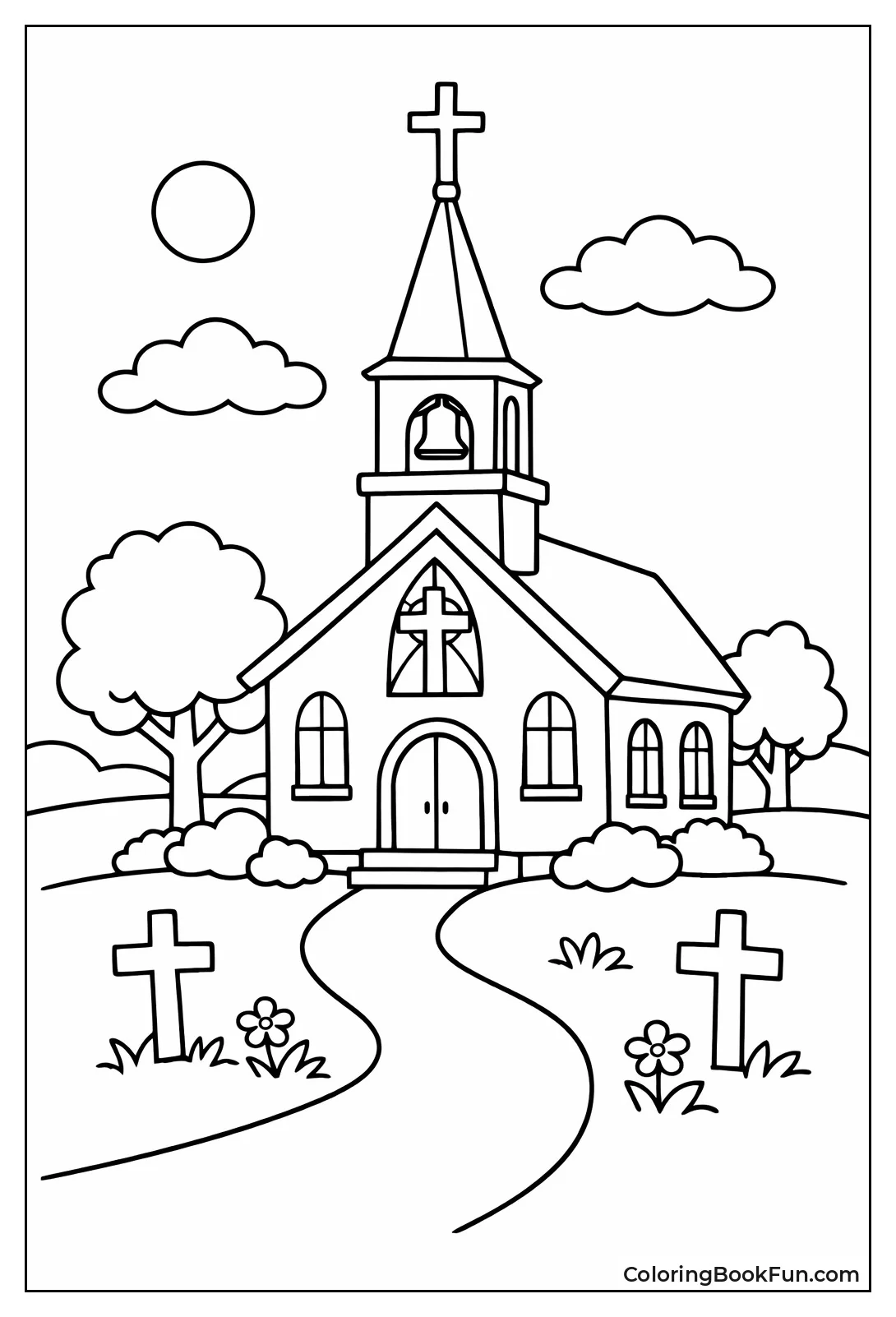 Church with Tall Steeple Cross