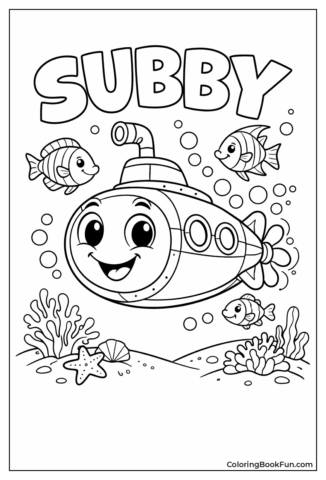 Smiling Cartoon Submarine Meets Fish