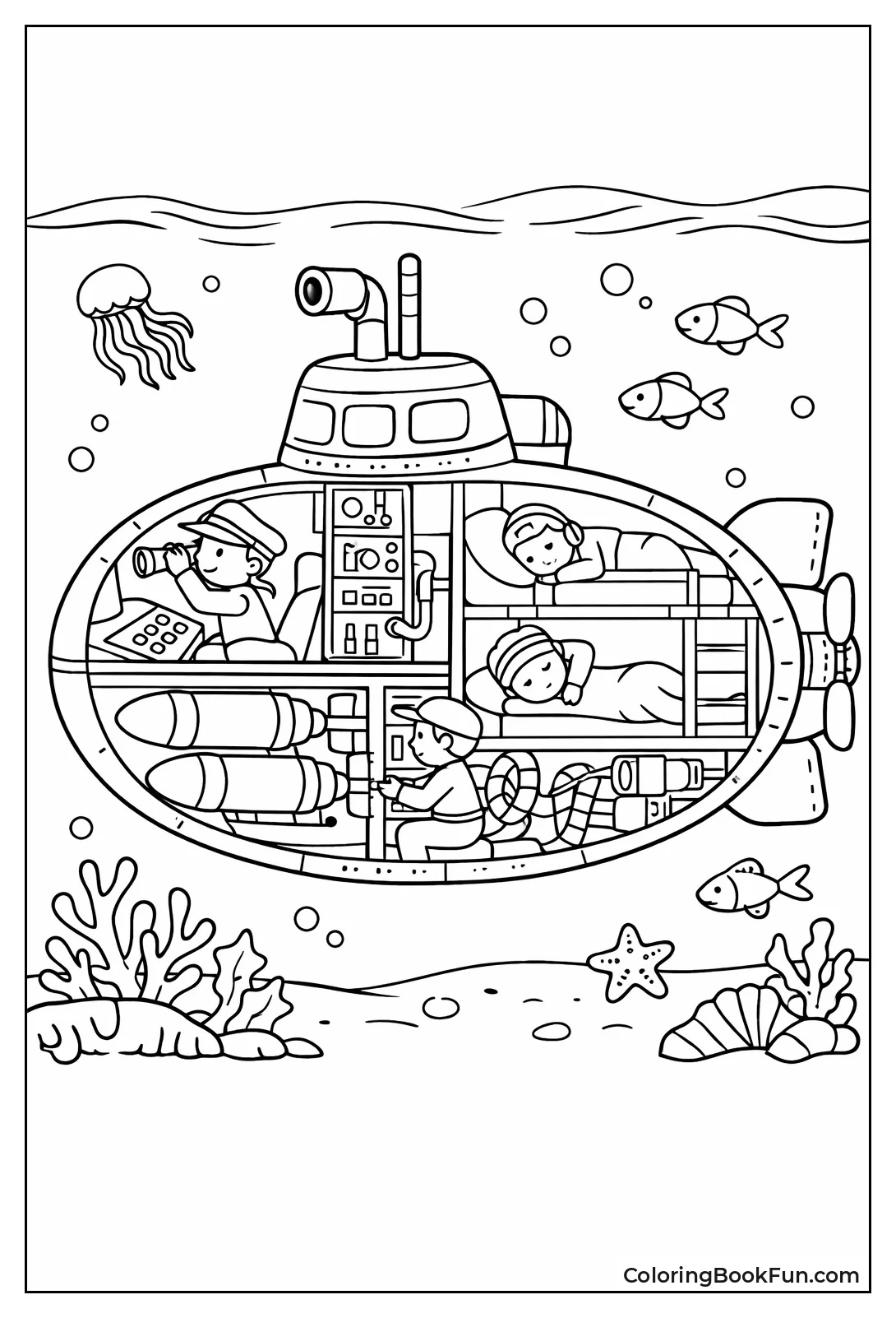 Cutaway Shows Busy Submarine Inside