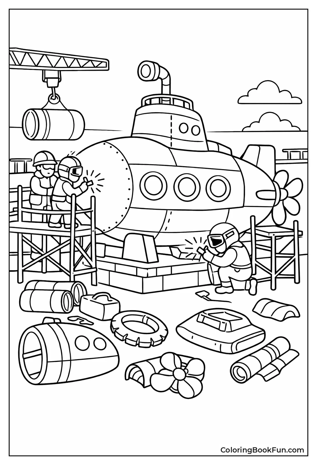 Workers Build Submarine in Shipyard