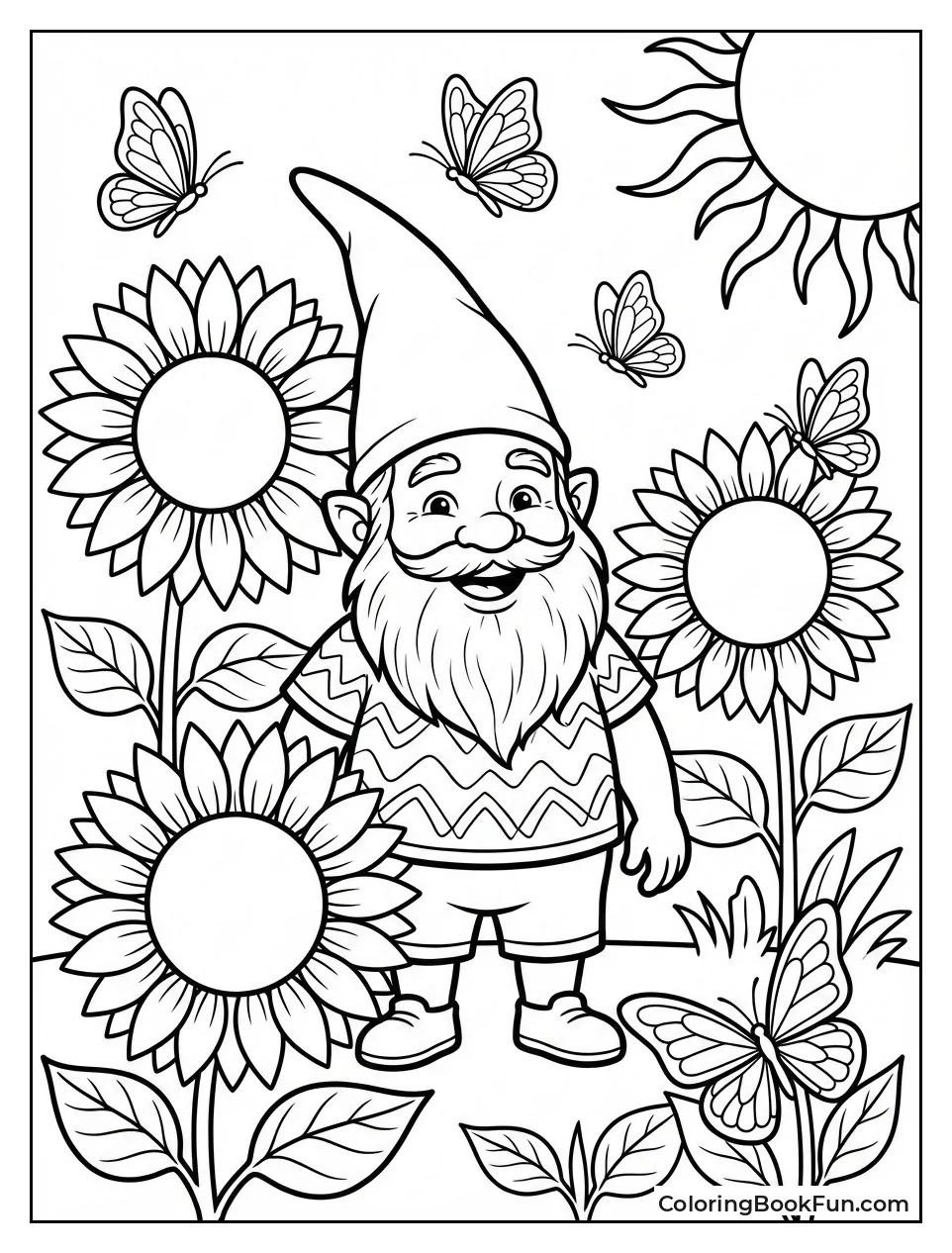 Summer Gnome with Sunflowers and Butterflies