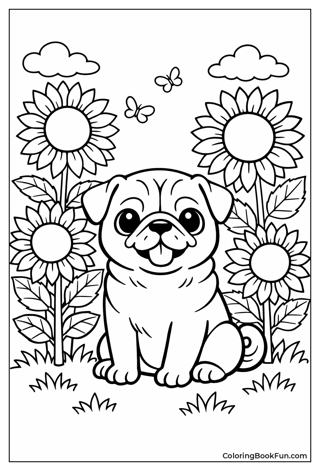 Pug Posing with Sunflowers