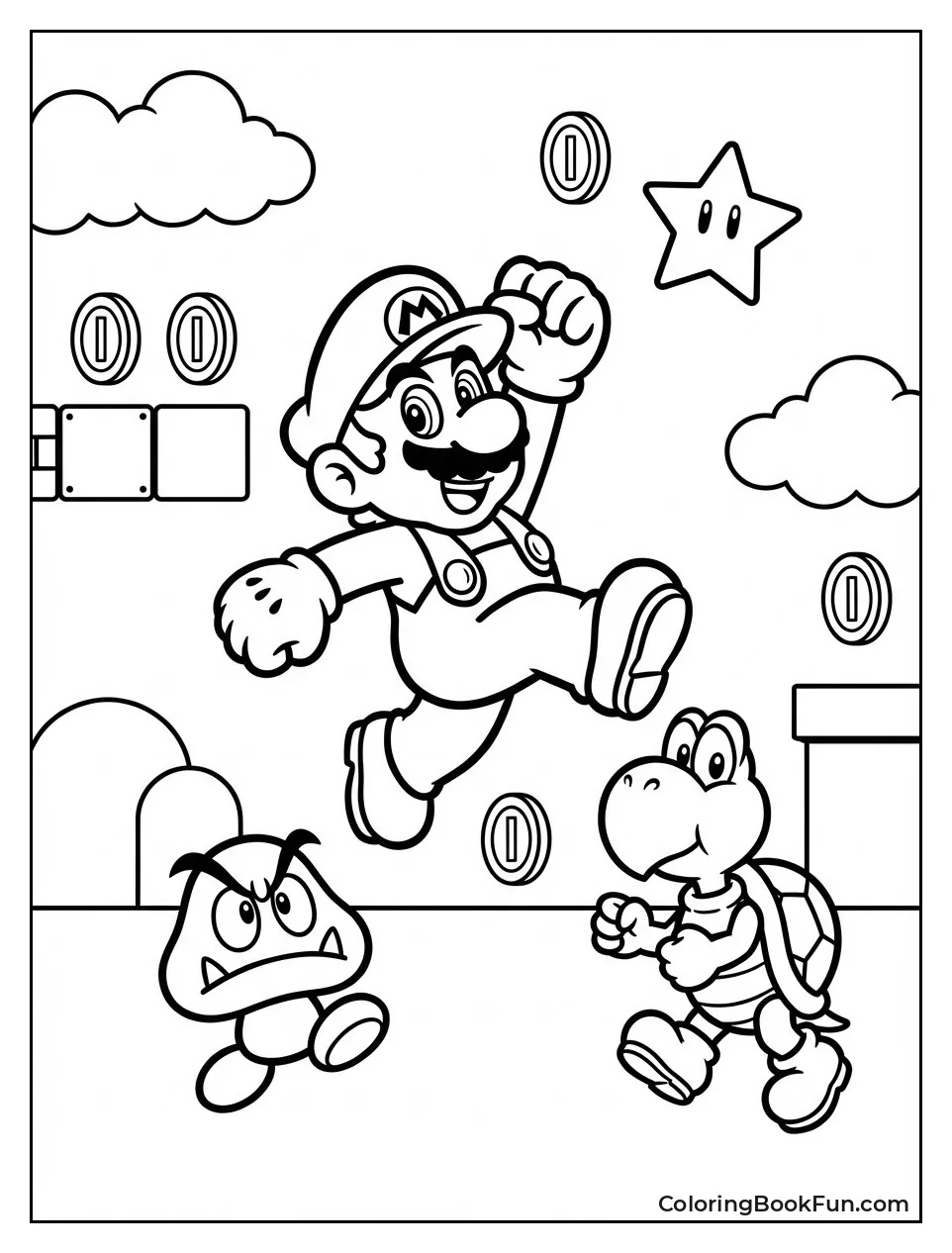 Mario Fights Enemies Collects Coins