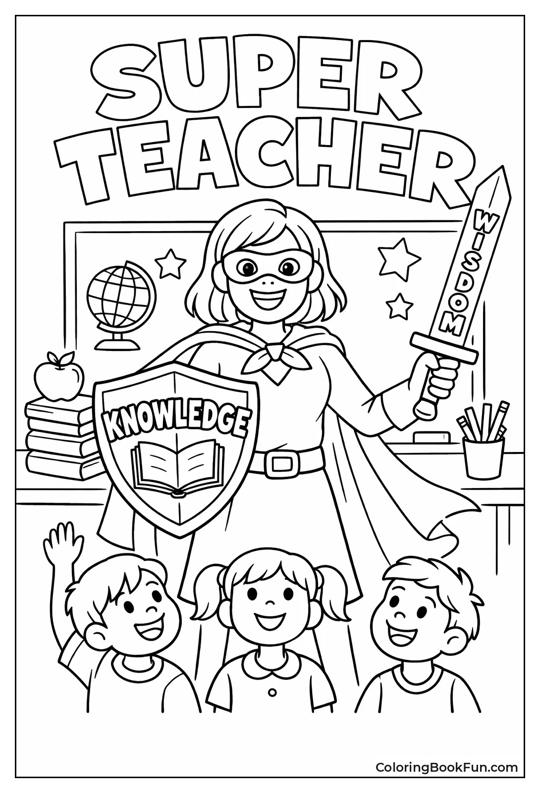 Superhero Teacher Holding Knowledge Shield