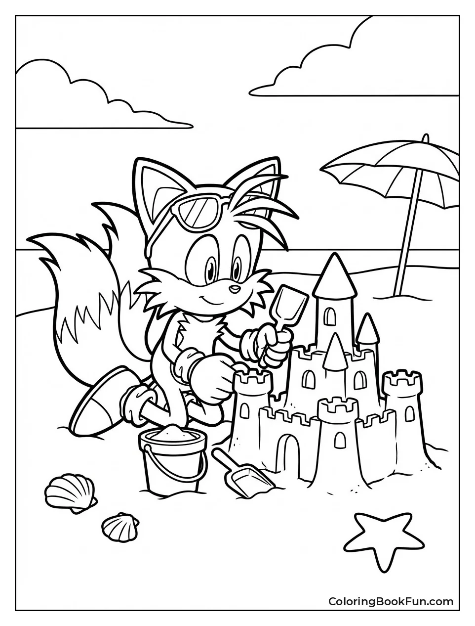 Tails Builds Sandcastle with Sunglasses