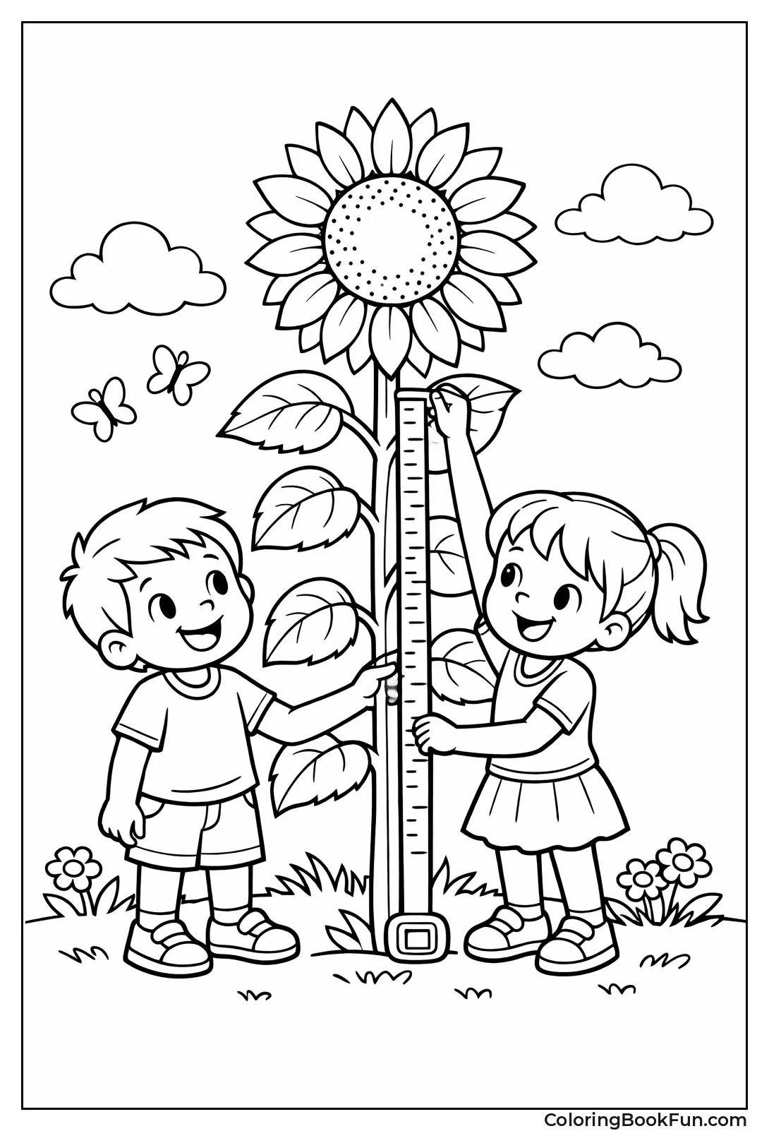 Kids Measuring Tall Sunflower