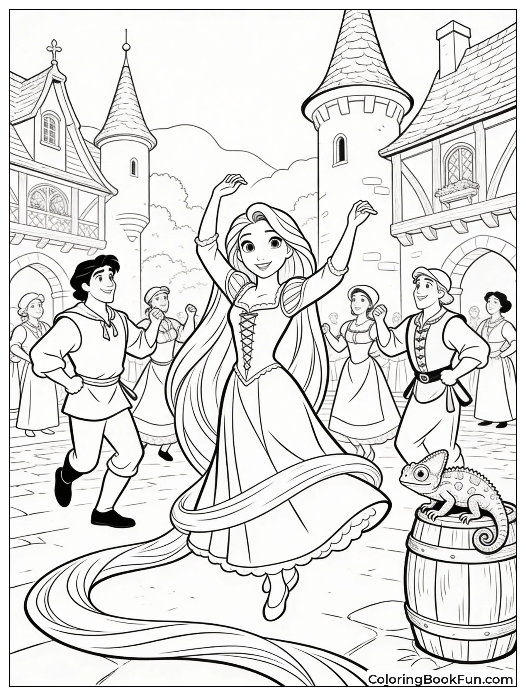 Rapunzel Dances in Village Square