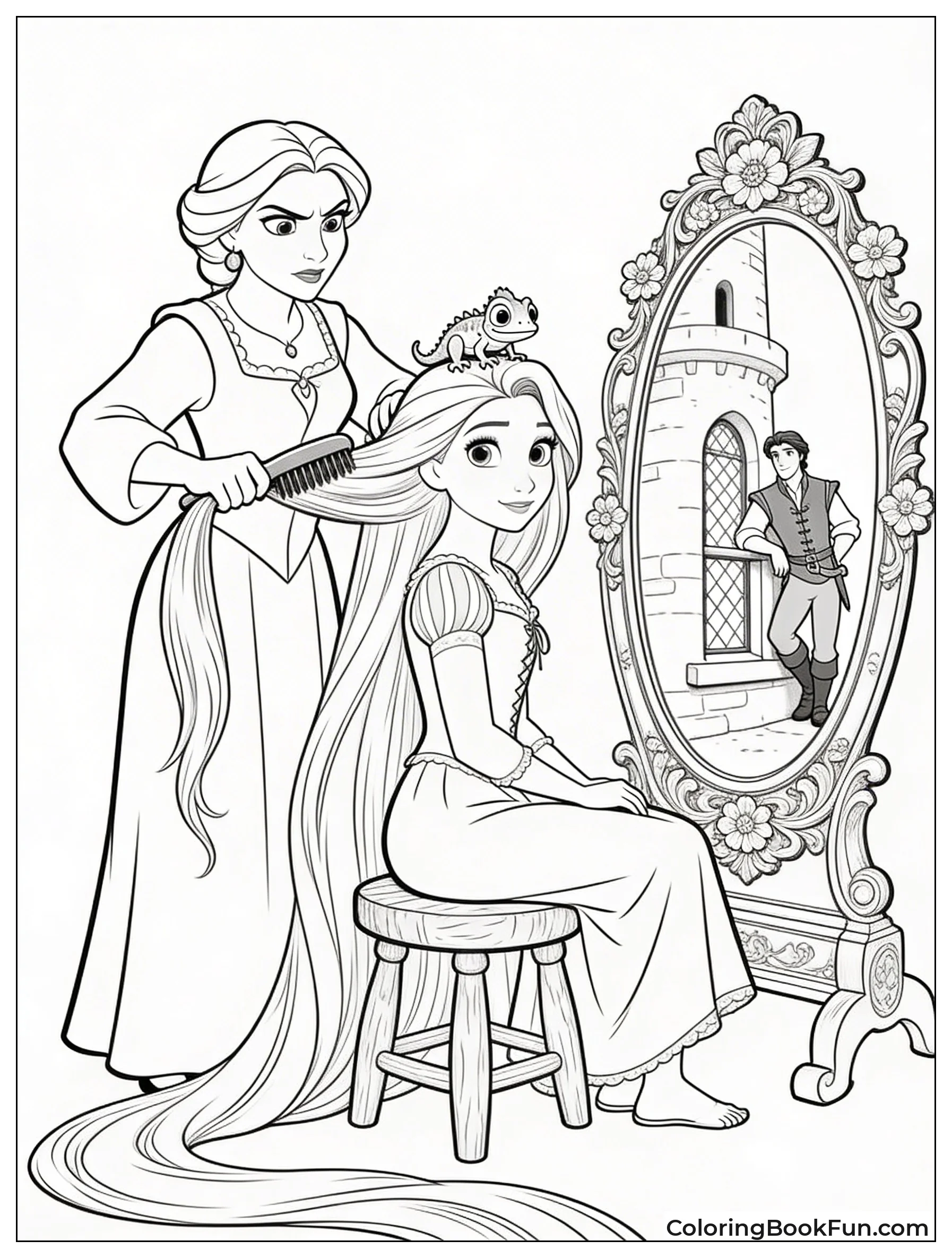 Gothel Brushes Rapunzel's Hair