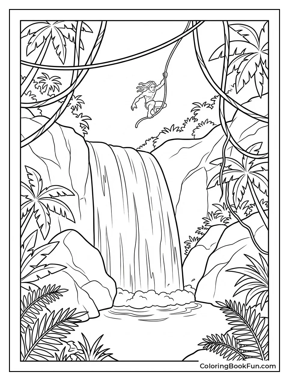 Waterfall Flows amid Jungle Vines