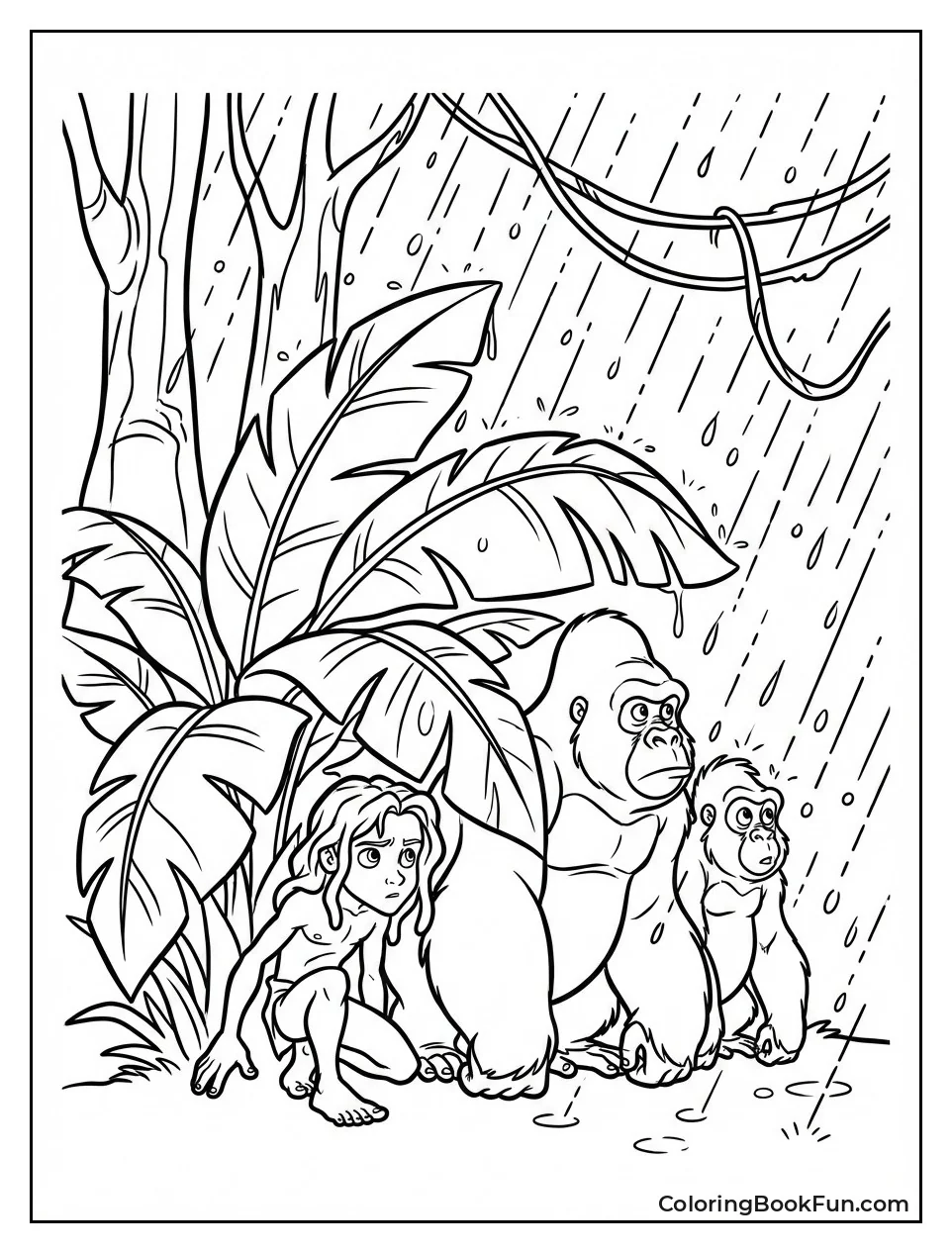 Tarzan Huddles in Rainy Jungle